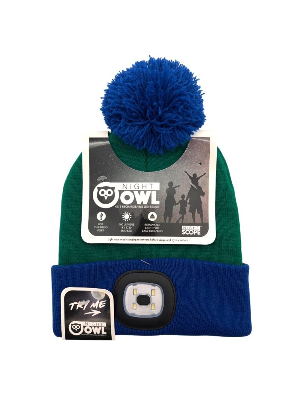 Night Owl Kids Rechargeable LED Beanie Hat Green & Blue With USB Charging Port